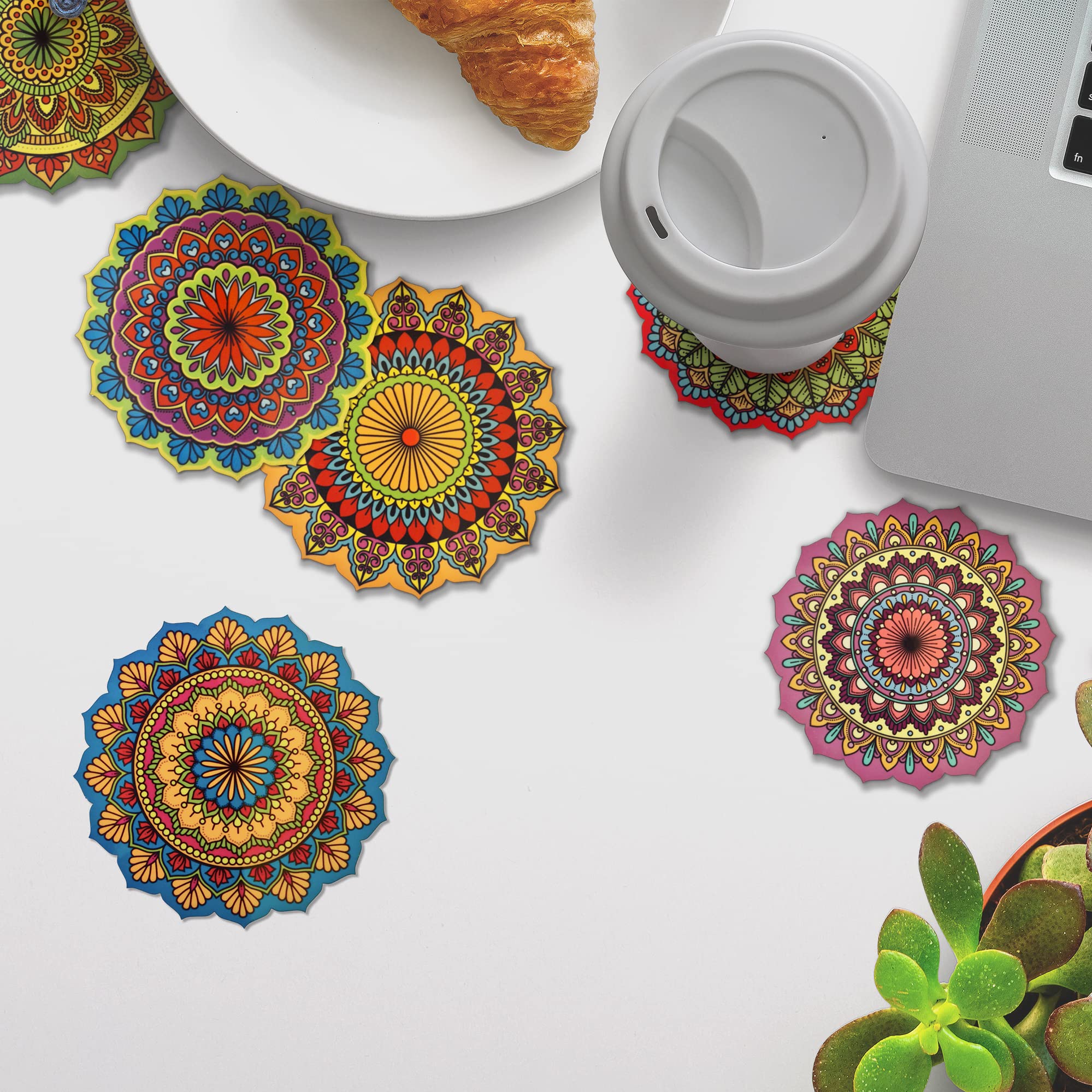Ambiyaa Pine Set Of 6 Mandala 4 Inch Coasters | Unique Handmade Designs | Flower Shaped | 10 Cm Diameter